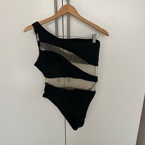 Asymmetric One-Shoulder Black Mesh Panel Bodysuit BNWOT